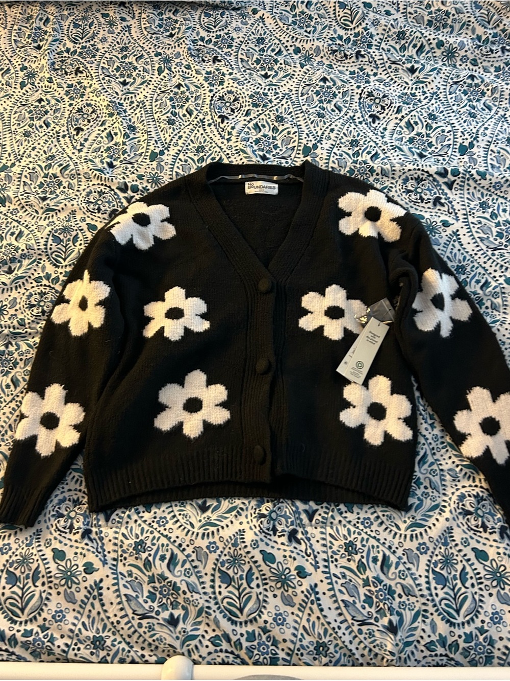 No Boundaries Black Cardigan with White Daisy Motif
